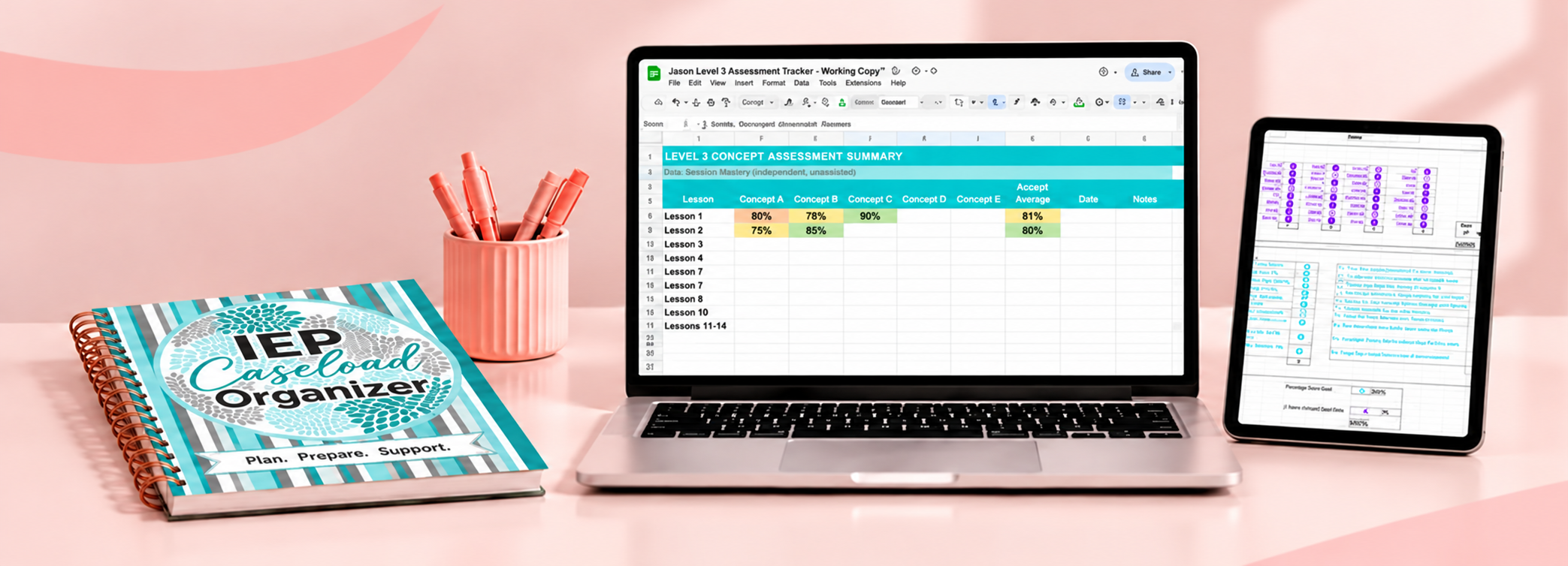 Peachy Projects Design IEP organizer beside a laptop showing an assessment summary and a tablet showing a data tracker